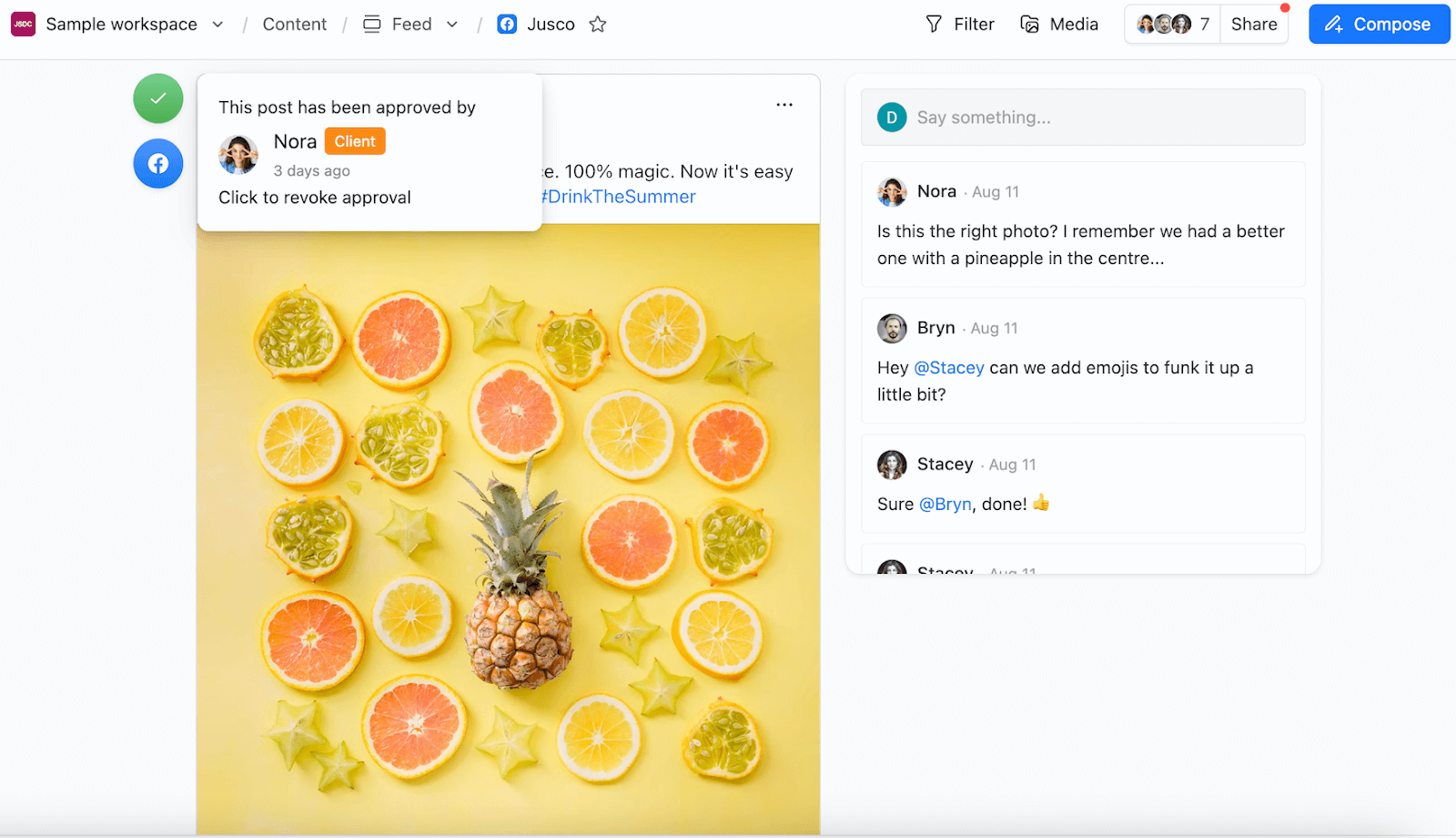 Social media post with citrus fruit flat lay approved in Planable, showing client comments and approval badge.