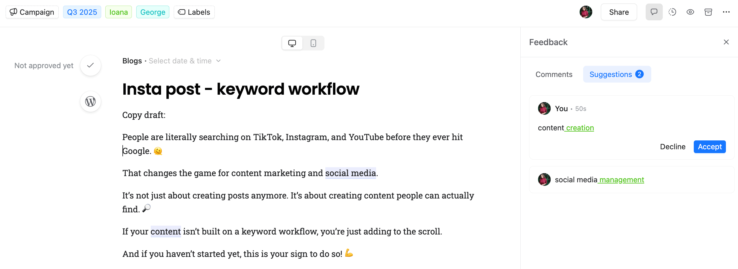 Draft Instagram post in Planable workspace with keyword-focused copy and social media feedback suggestions.