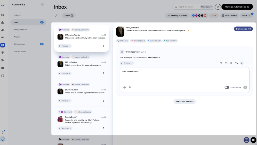 Dash Social social inbox showing comments on a necklace post with sentiment analysis and engagement options.