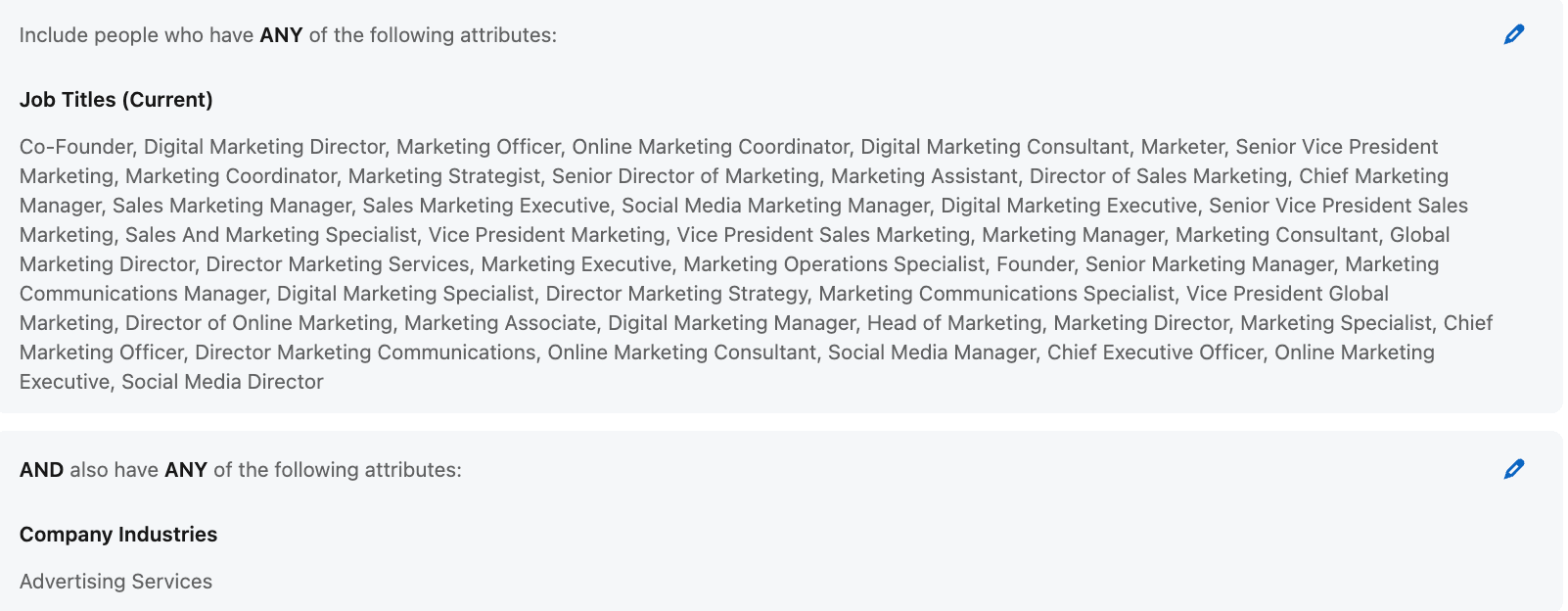 LinkedIn ad targeting settings showing job titles in marketing and agency roles within the advertising industry.