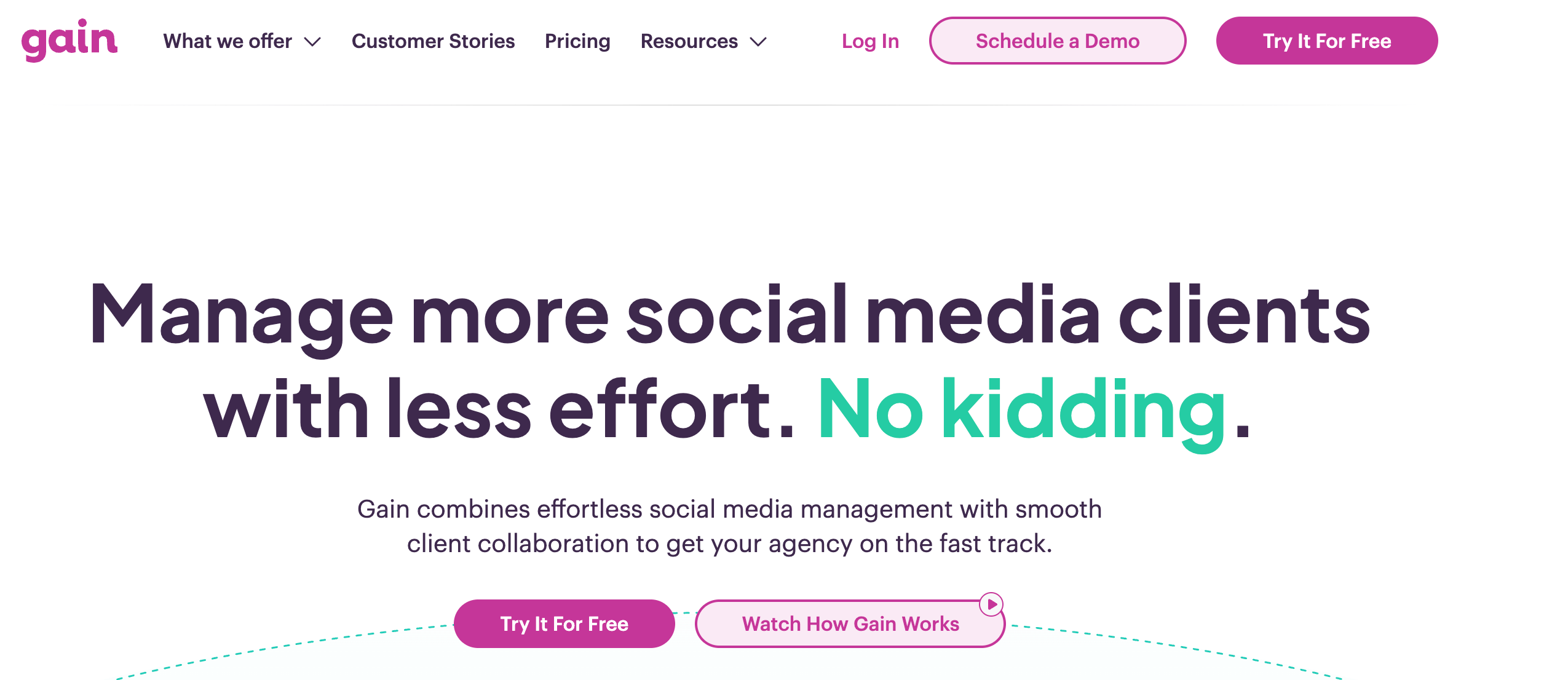 Gain homepage headline promoting effortless social media management and client collaboration for agencies.