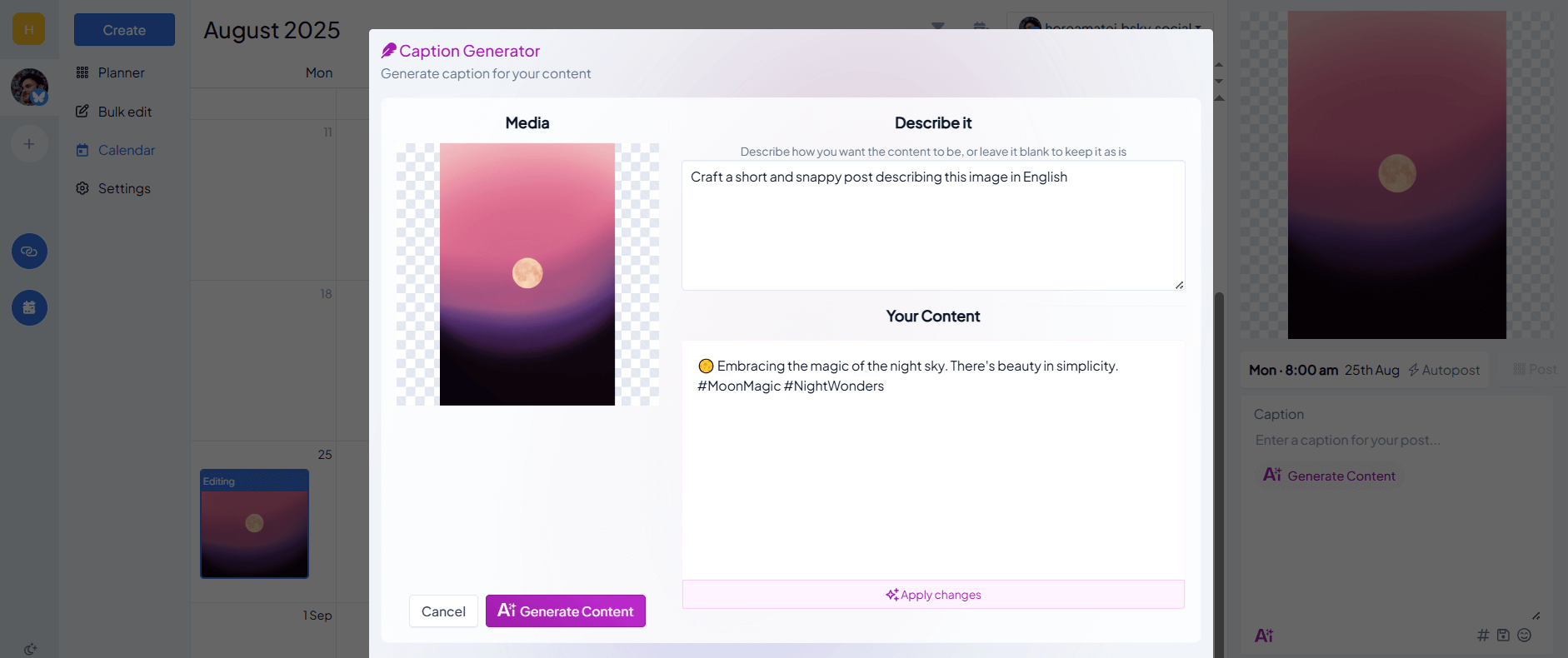 Screenshot of Hopper’s AI Caption Generator showing an image upload, description field, and AI-generated caption preview for social media content.