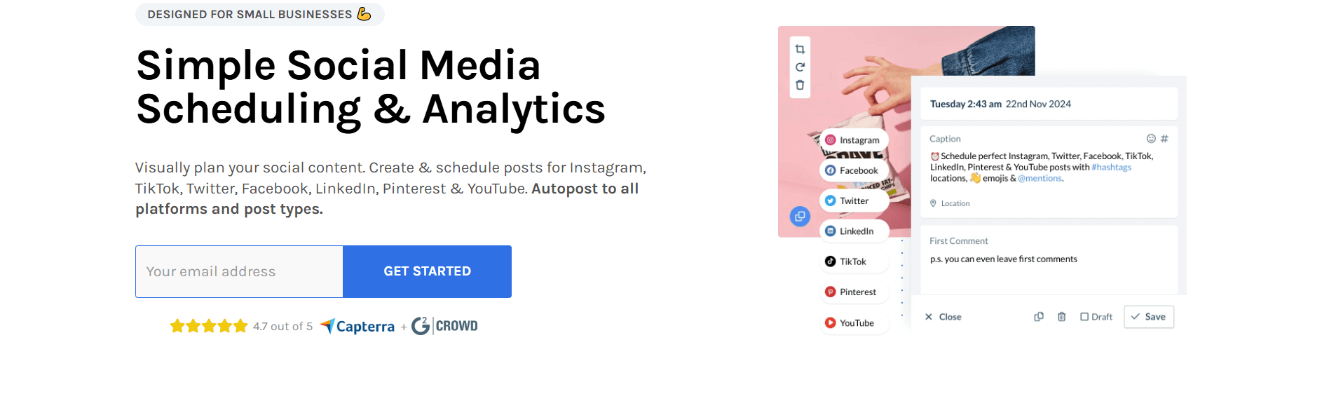 Homepage banner for Hopper social media scheduling platform highlighting simple scheduling and analytics for Instagram, TikTok, Facebook, LinkedIn, Pinterest, and YouTube.
