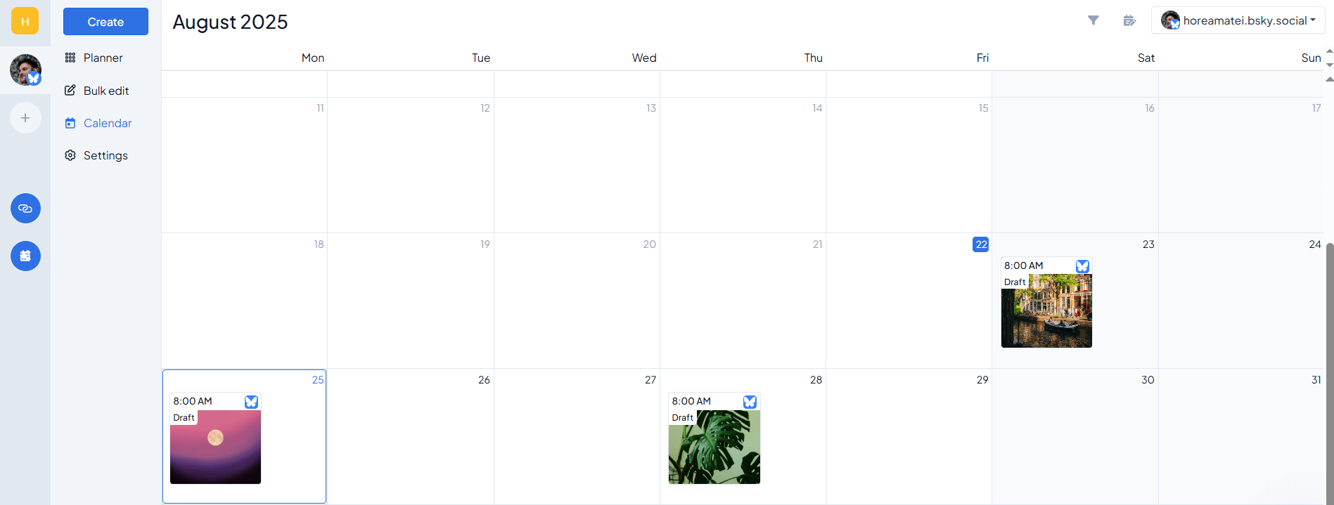 Monthly social media calendar interface in Hopper showing scheduled draft posts with preview thumbnails and posting times