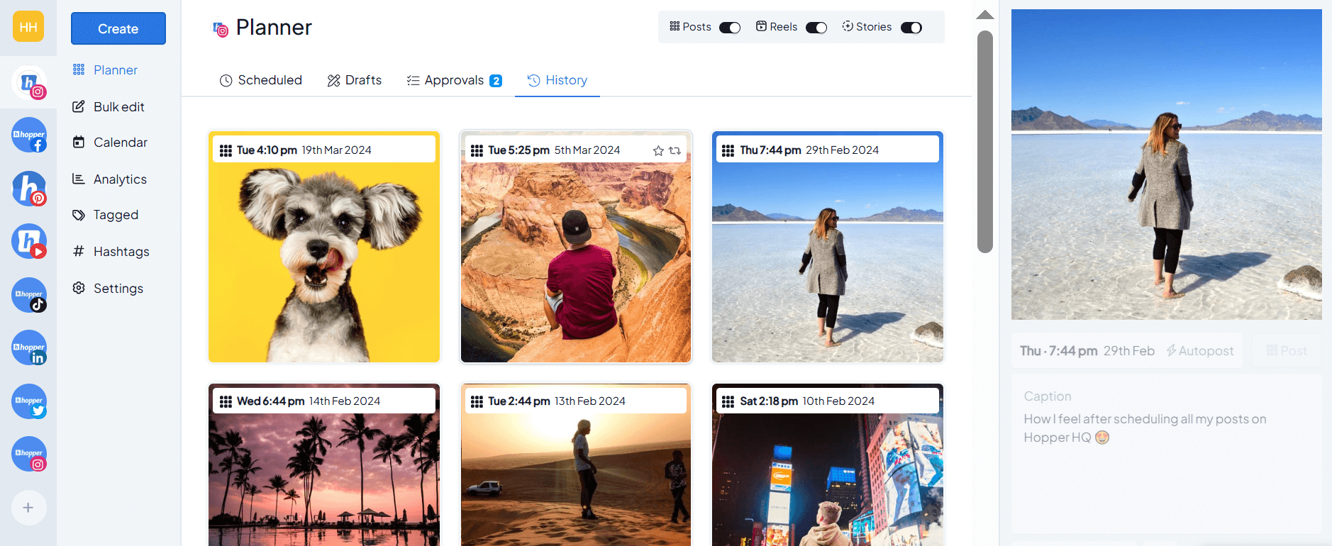 Hopper’s Planner dashboard with scheduled social media posts displayed as image cards, including posts pending approval and captions visible in the right panel.