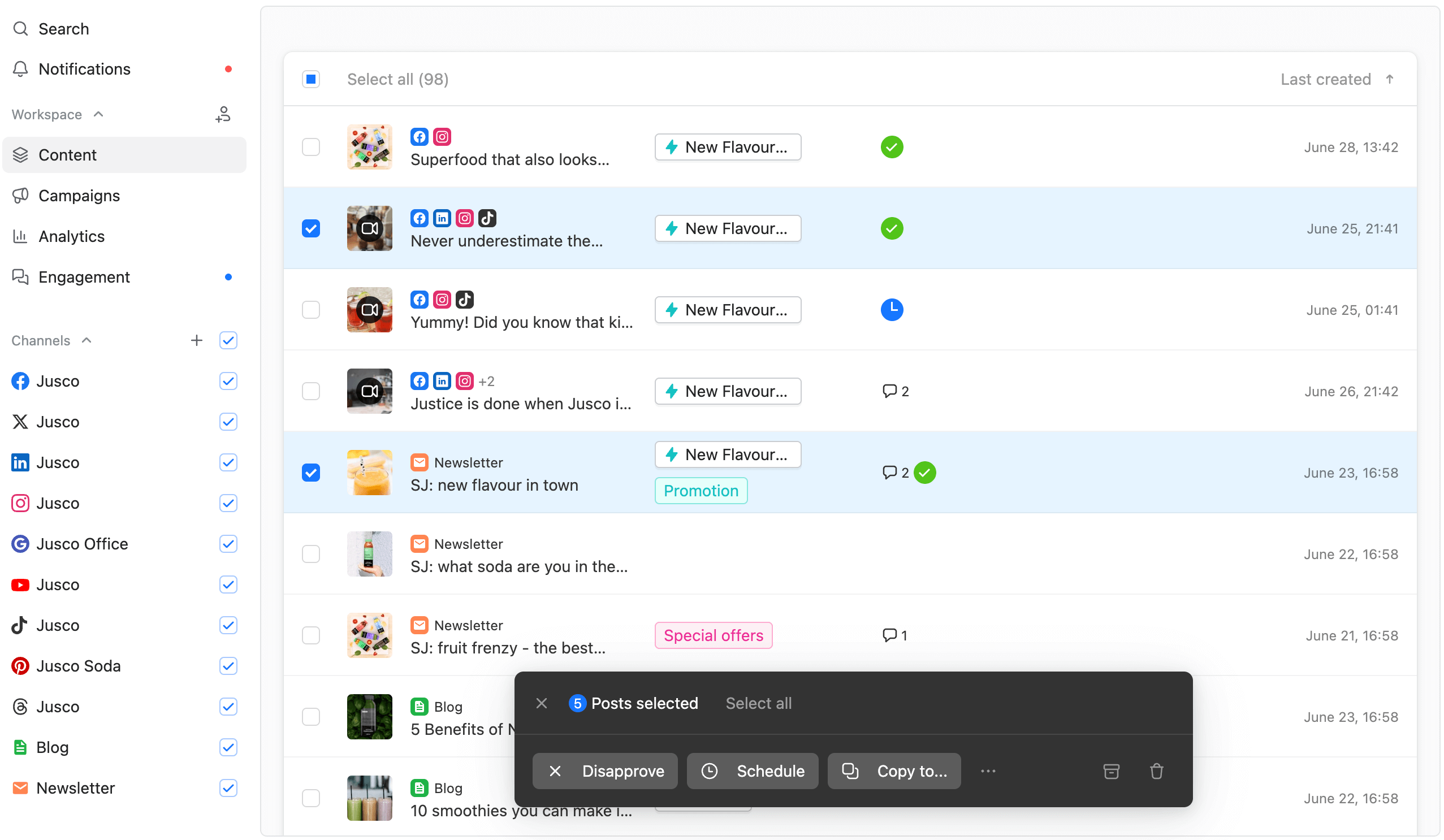 Planable content list view showing scheduled and approved posts across multiple social channels with bulk actions enabled.
