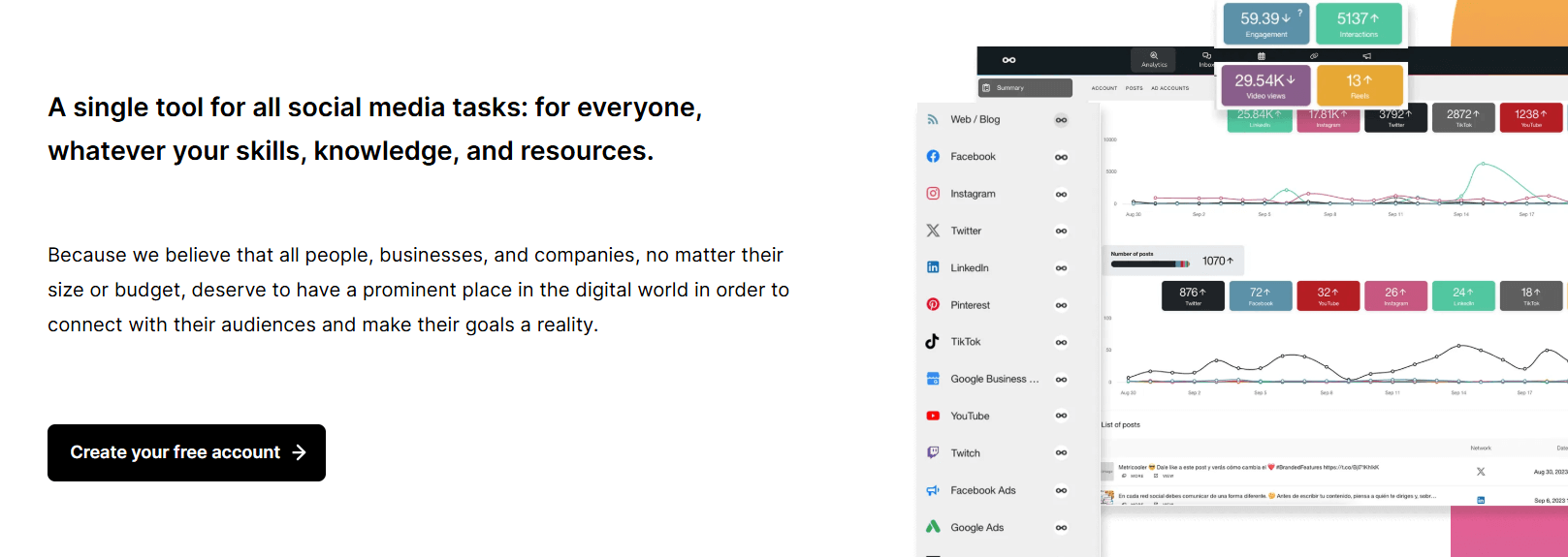 Metricool homepage showing analytics dashboard with charts comparing engagement, interactions, and post performance across multiple social media platforms like Facebook, Instagram, and Twitter.