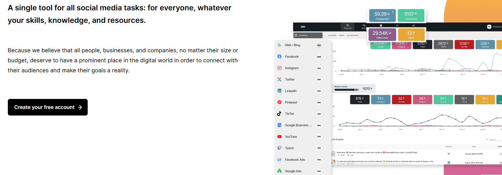 Metricool homepage showing an interface with multi-platform analytics, engagement data, and post tracking.
