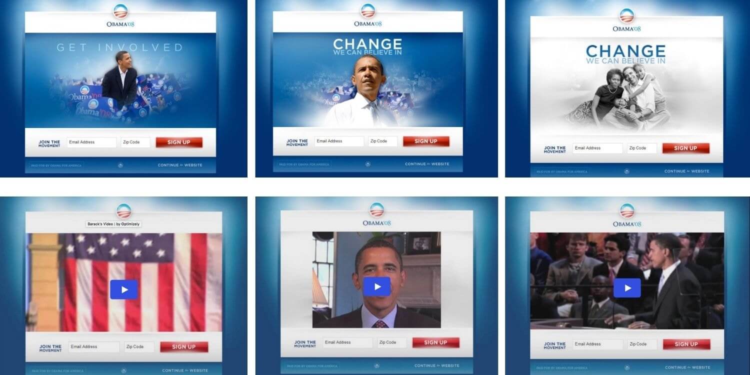 Grid of Obama campaign A/B tested email signup pages with different headlines and images.