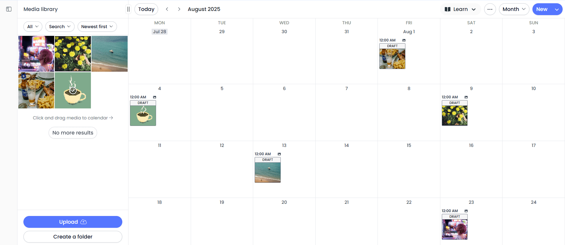 pallyy content calendar with scheduled image drafts dragged from media library on the left panel.