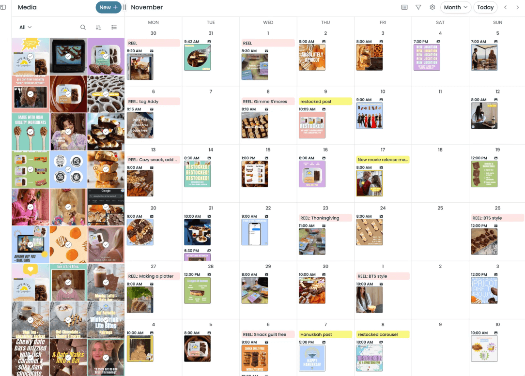 pallyy monthly content calendar view packed with image and video posts organized by time and platform