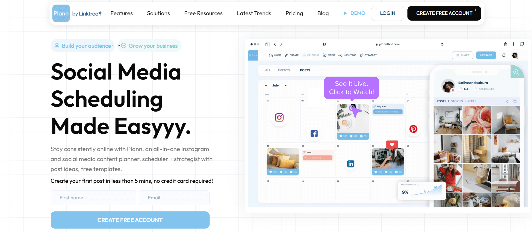 Plann homepage highlighting social media scheduling and content planning features with a visual calendar interface and post previews for Instagram, Facebook, and Pinterest