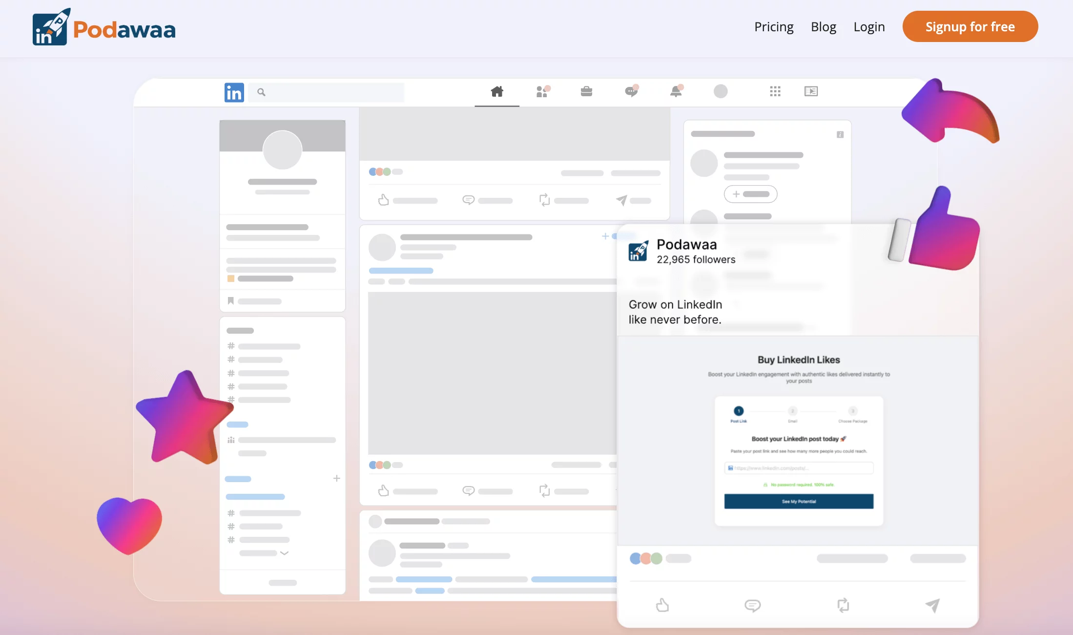 Podawaa homepage showing LinkedIn post boost tool and buy likes feature with engagement icons.