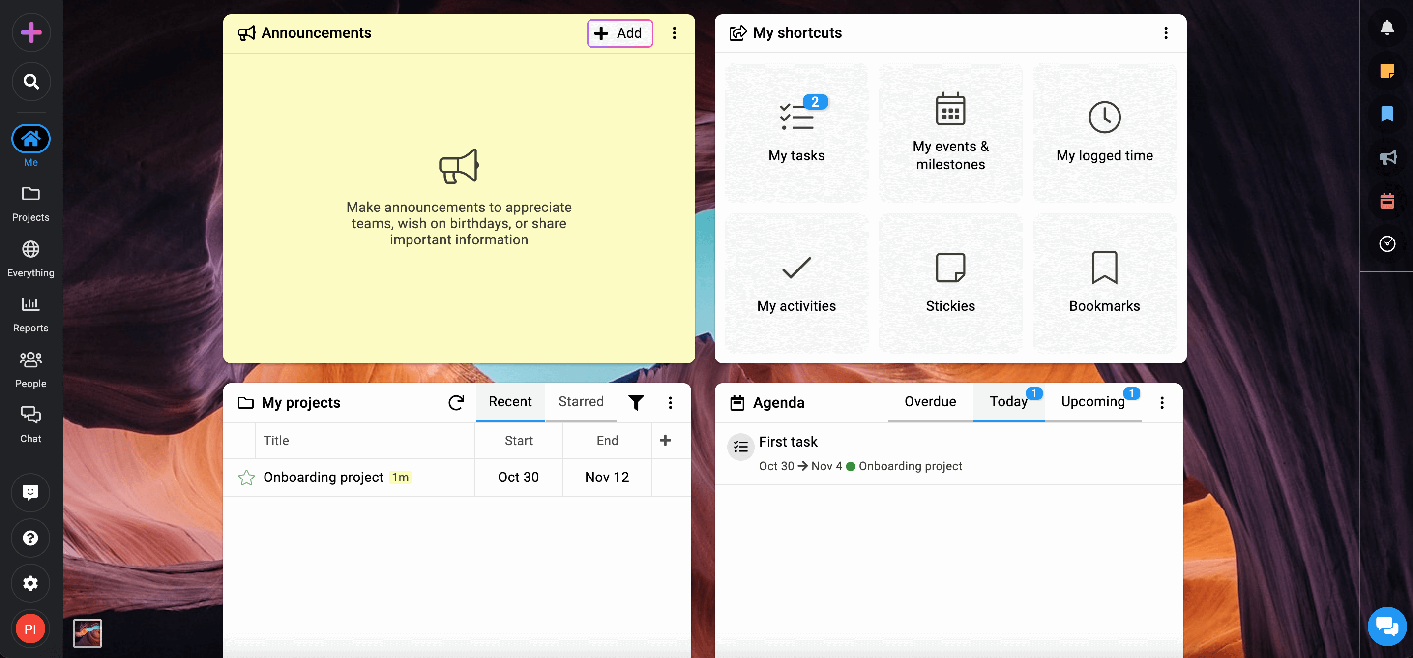 ProofHub dashboard showing project names, dates, status, managers, and assignees by department.