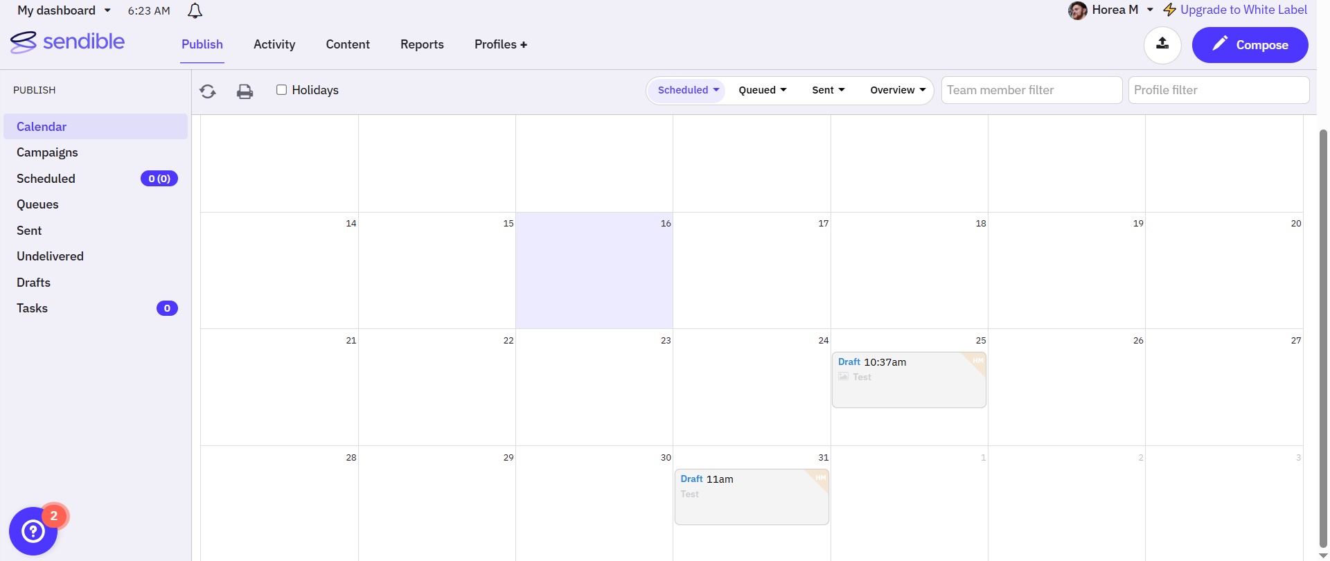 Sendible publishing calendar with scheduled drafts, filters, and social media workflow sidebar.