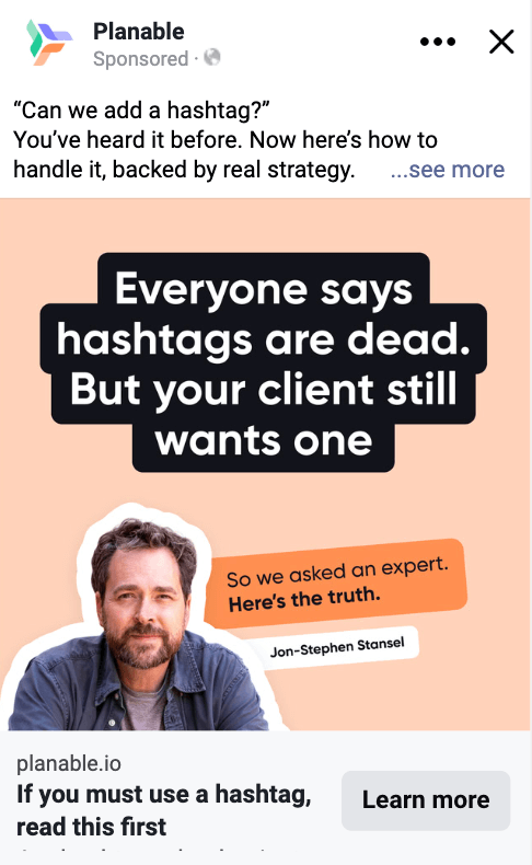Ad with text “Hashtags are dead but your client wants one,” featuring Jon-Stephen Stansel as expert.