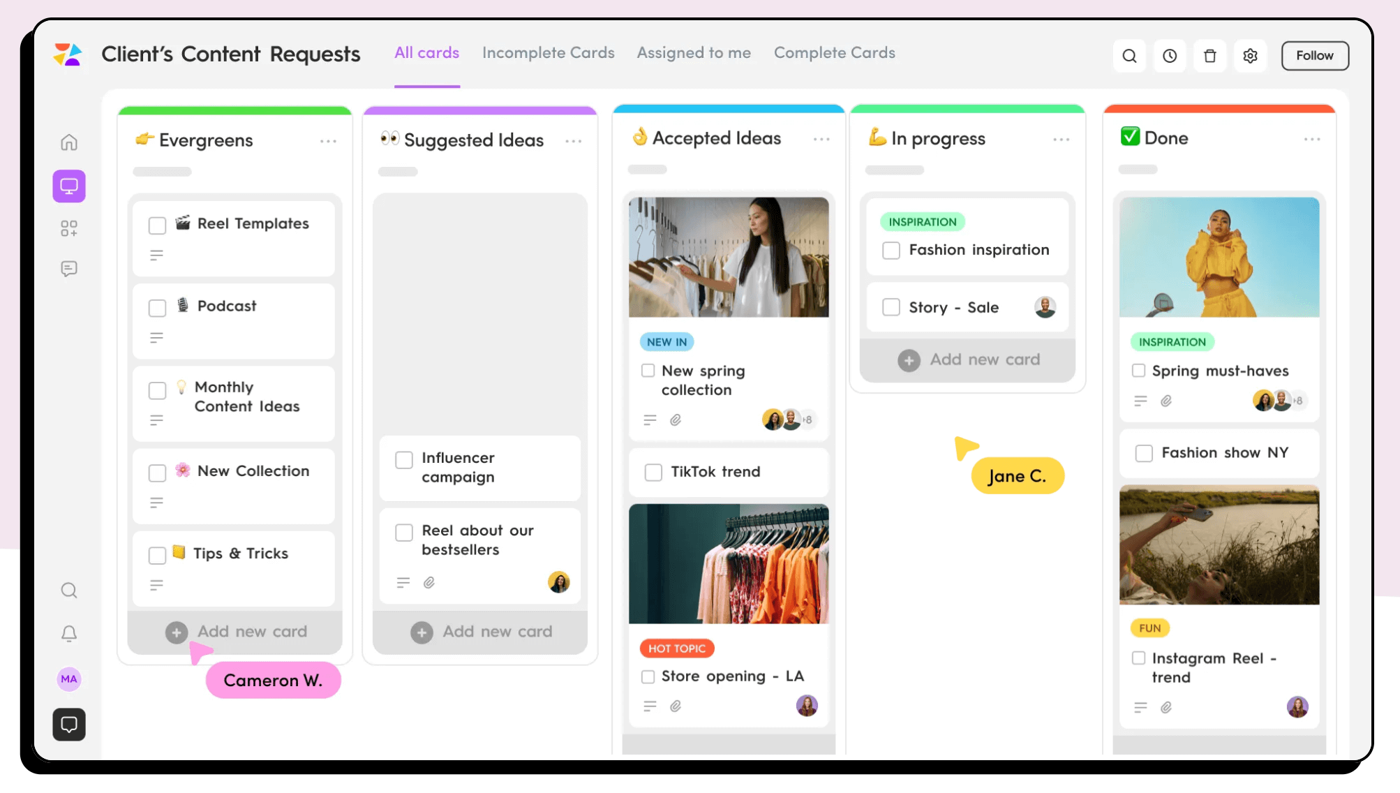 ZoomSphere workflow manager board showing content requests organized by status, from ideas to completed tasks.