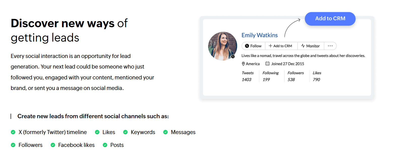Zoho Social homepage visual illustrating a user profile being added to a CRM system, representing lead generation from social media interactions and analytics.
