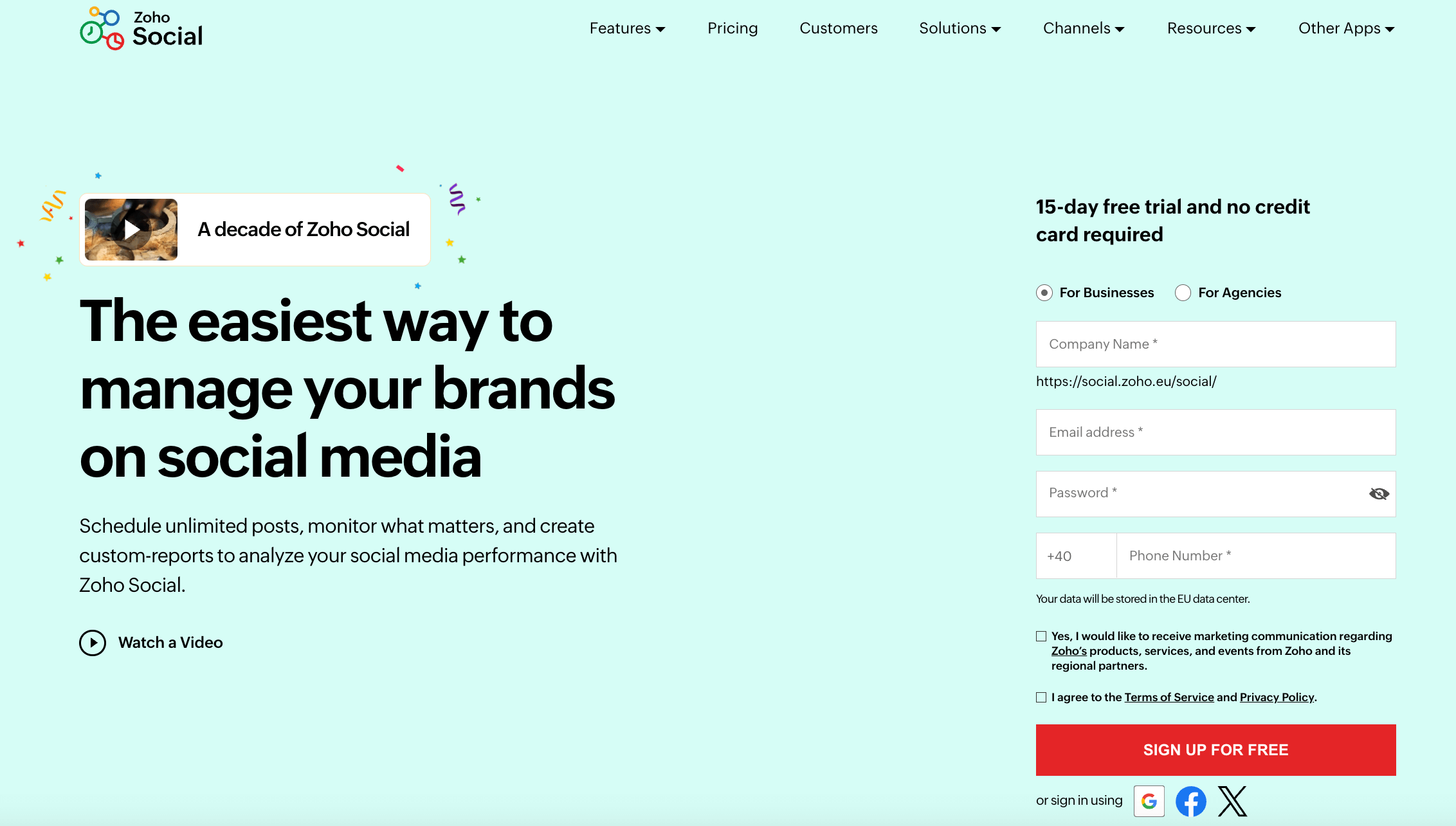 Zoho Social homepage promoting social media management with scheduling, monitoring, and reporting tools for brands.