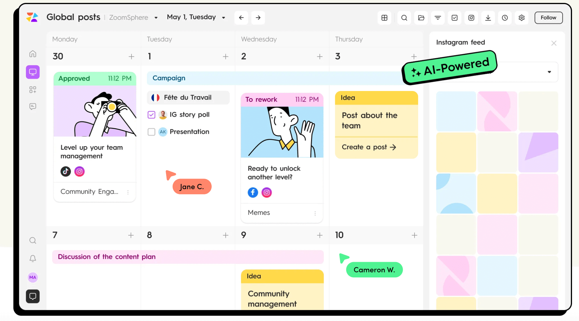 ZoomSphere AI-powered content calendar showing scheduled posts, ideas, and campaigns across multiple social platforms.