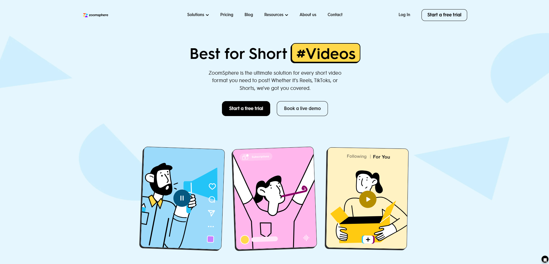 ZoomSphere homepage highlighting tools for creating and managing short videos like Reels, TikToks, and Shorts.