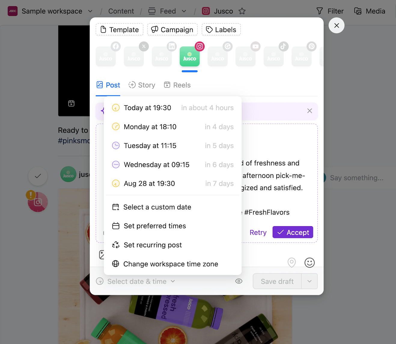 Social media post scheduling dropdown with multiple date and time options in Planable.