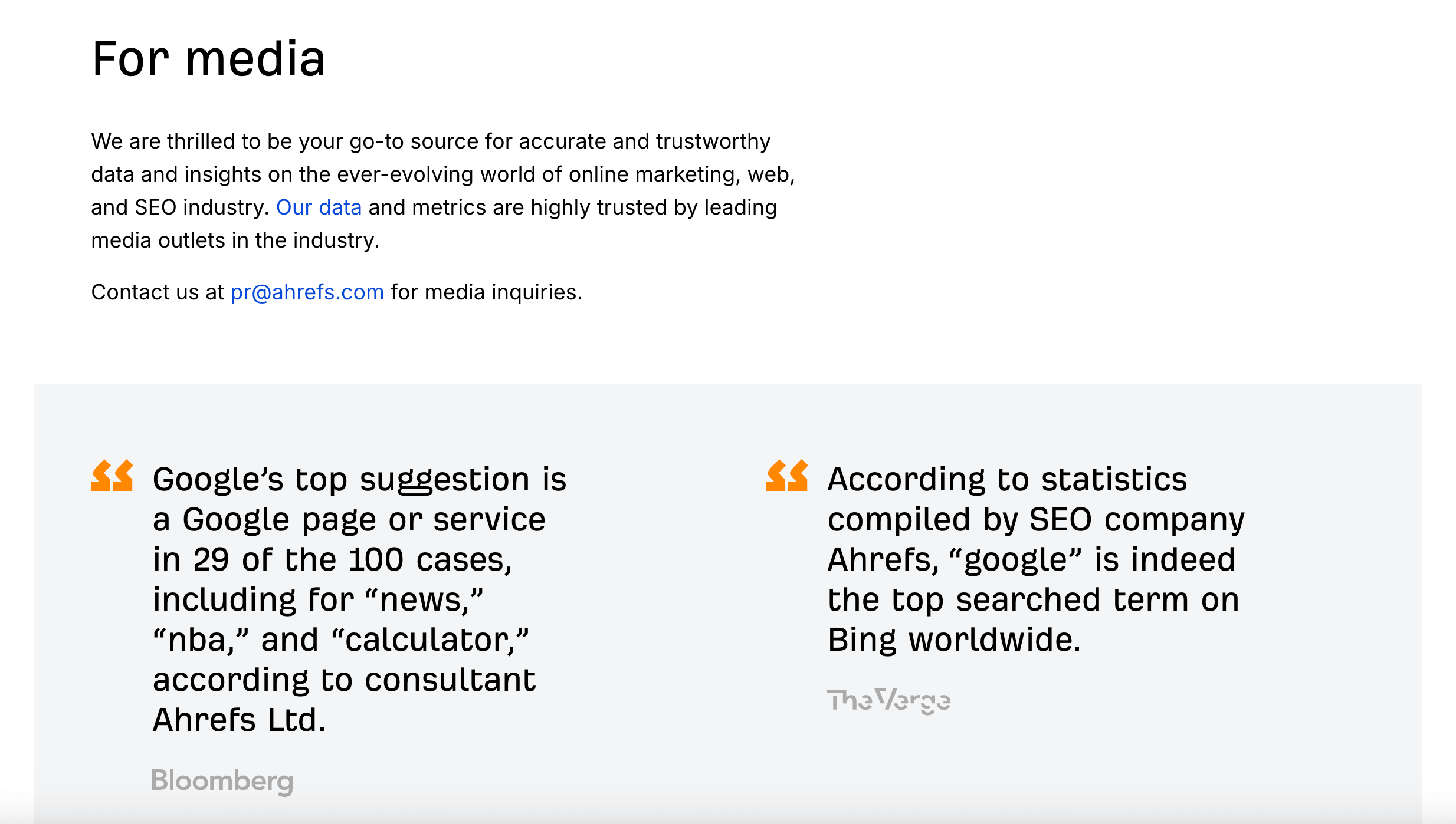 Ahrefs media page with PR contact and press quotes from Bloomberg and The Verge on SEO data.