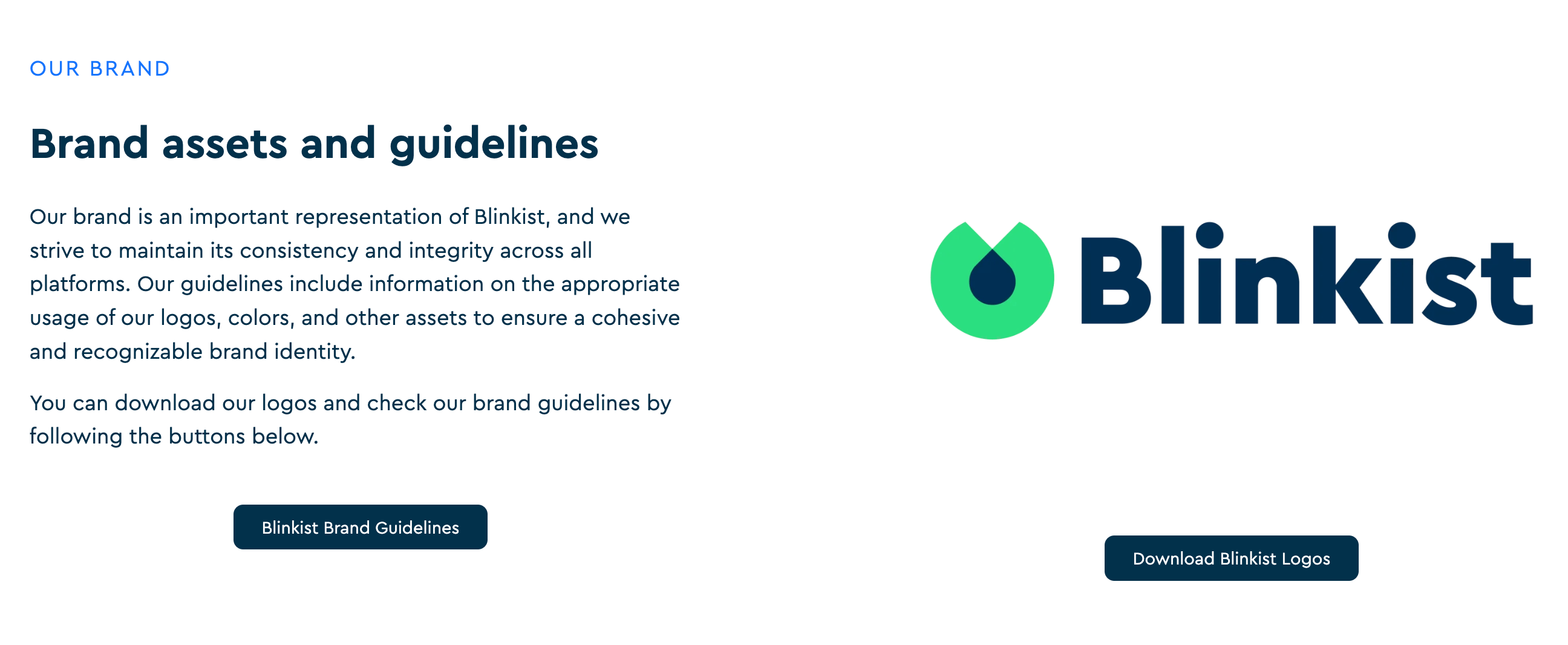 Blinkist brand page with logo, brand usage guidelines, and asset download options.