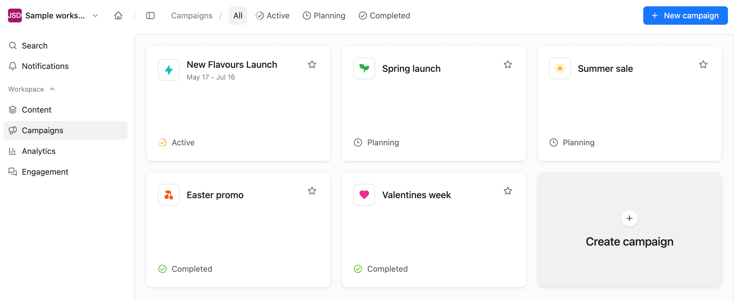Planable workspace with campaign cards labeled Active, Planning, or Completed, including a create campaign button.