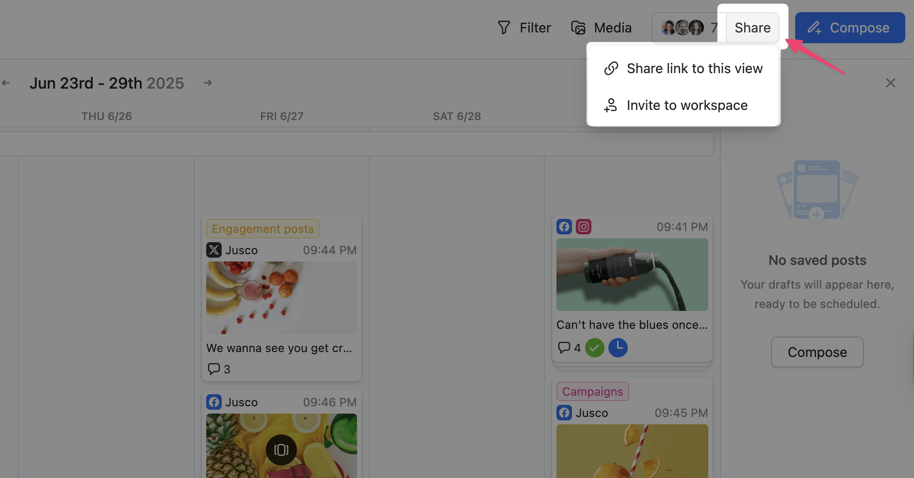 Planable content calendar with guest view sharing options for scheduled posts.