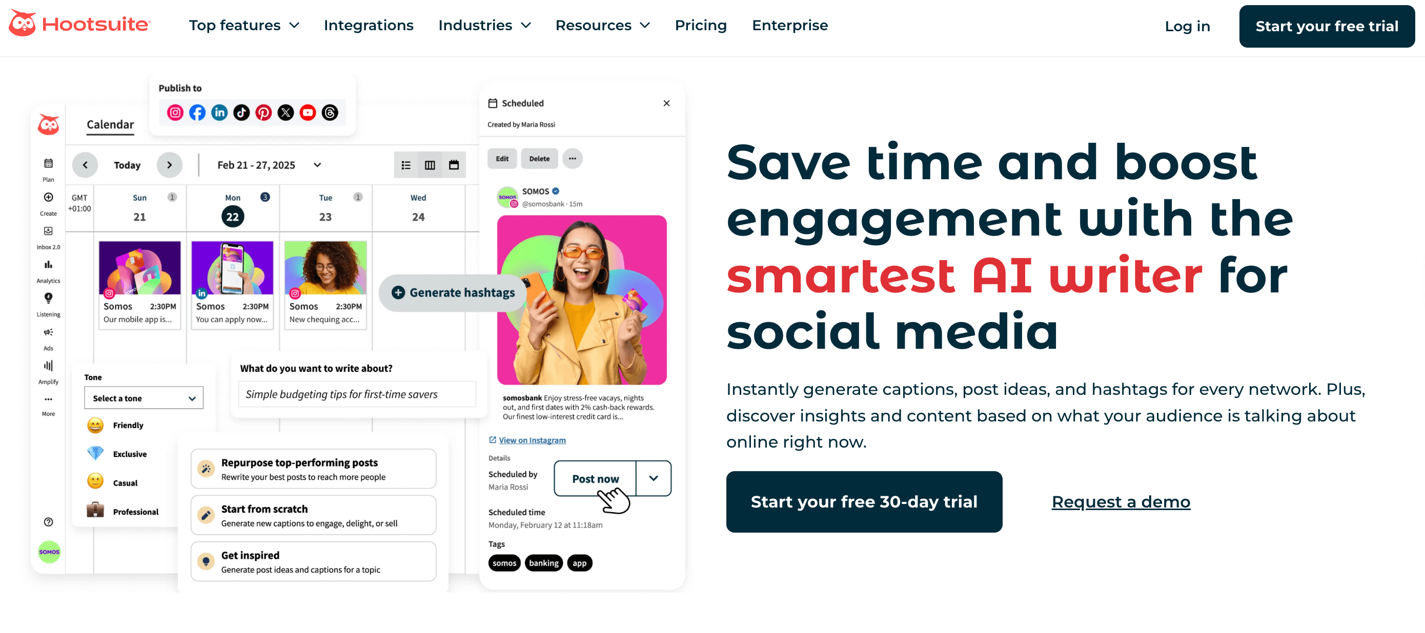 Hootsuite homepage promoting AI tools for generating social media captions, ideas, and hashtags.