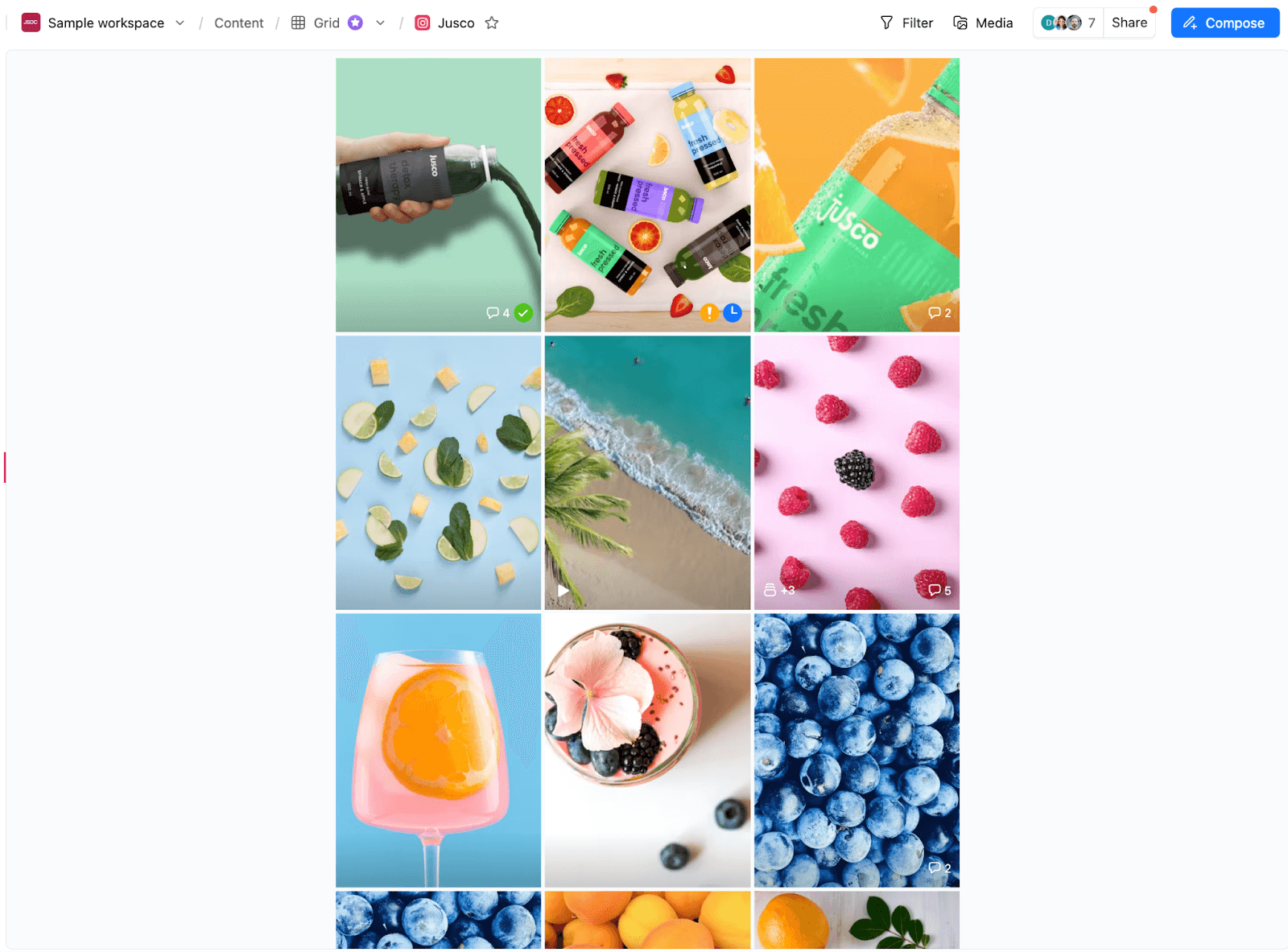 Instagram grid view in Planable with colorful product shots, beach visuals, and fruit-based imagery.