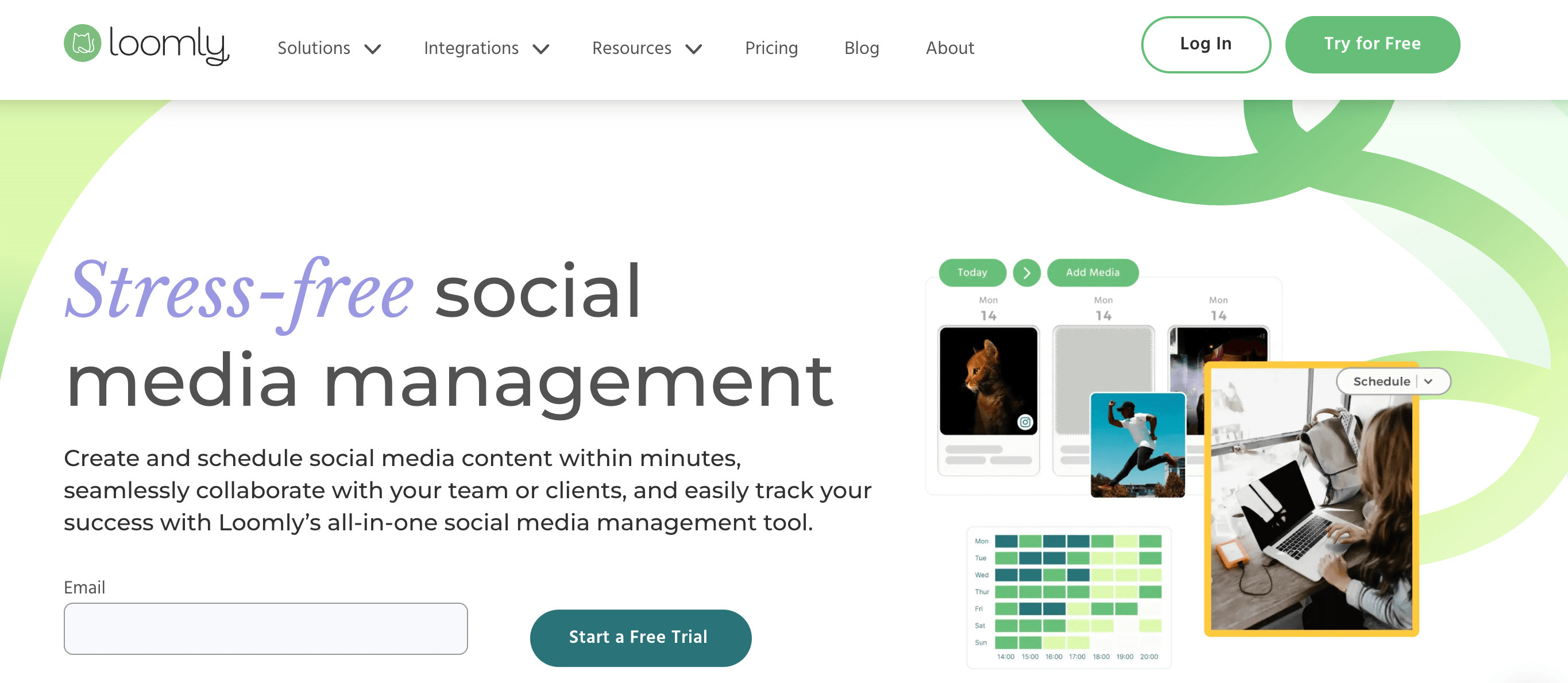 Loomly dashboard with woman scheduling content on laptop and social media previews around her.