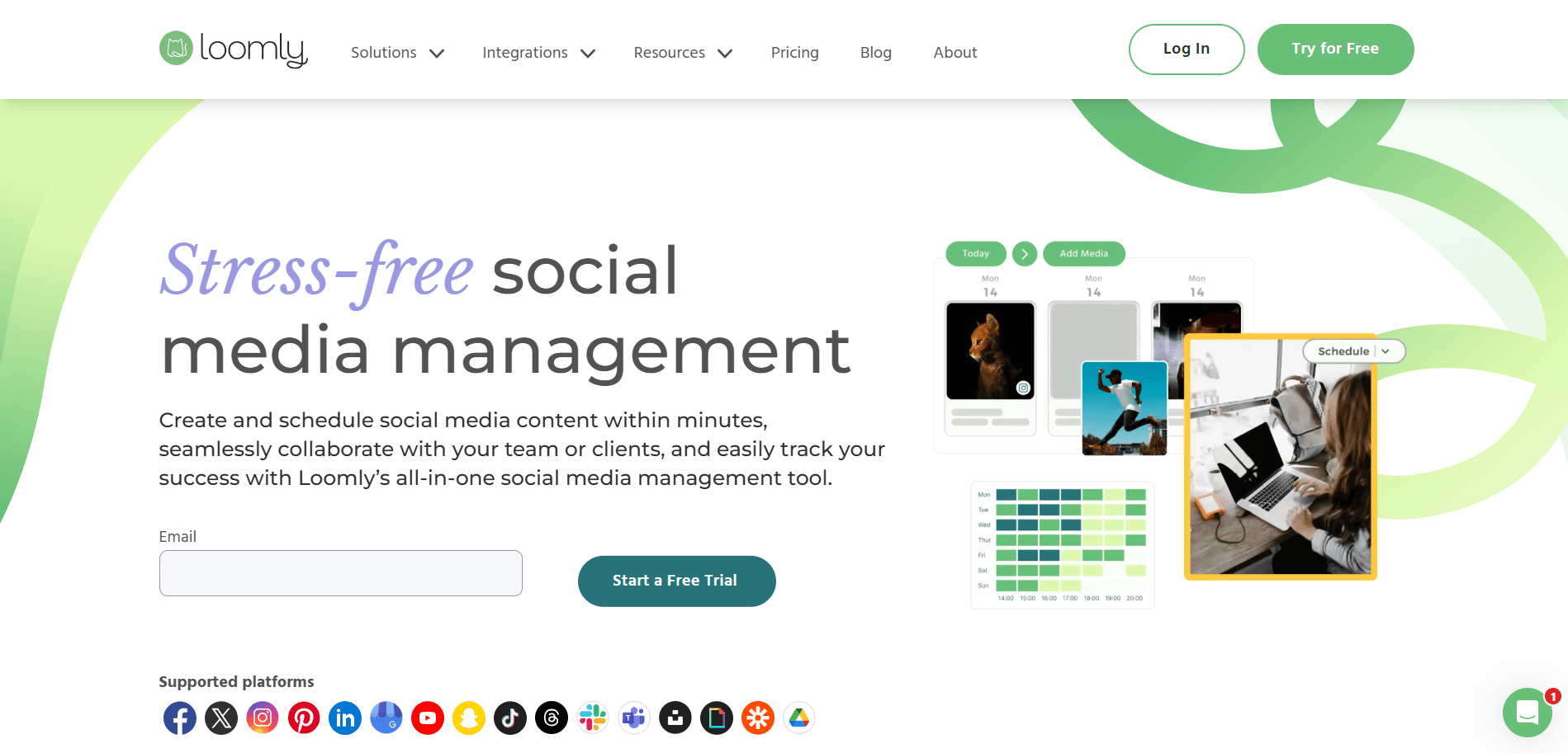 Loomly homepage promoting stress-free social media management with scheduling and team tools.