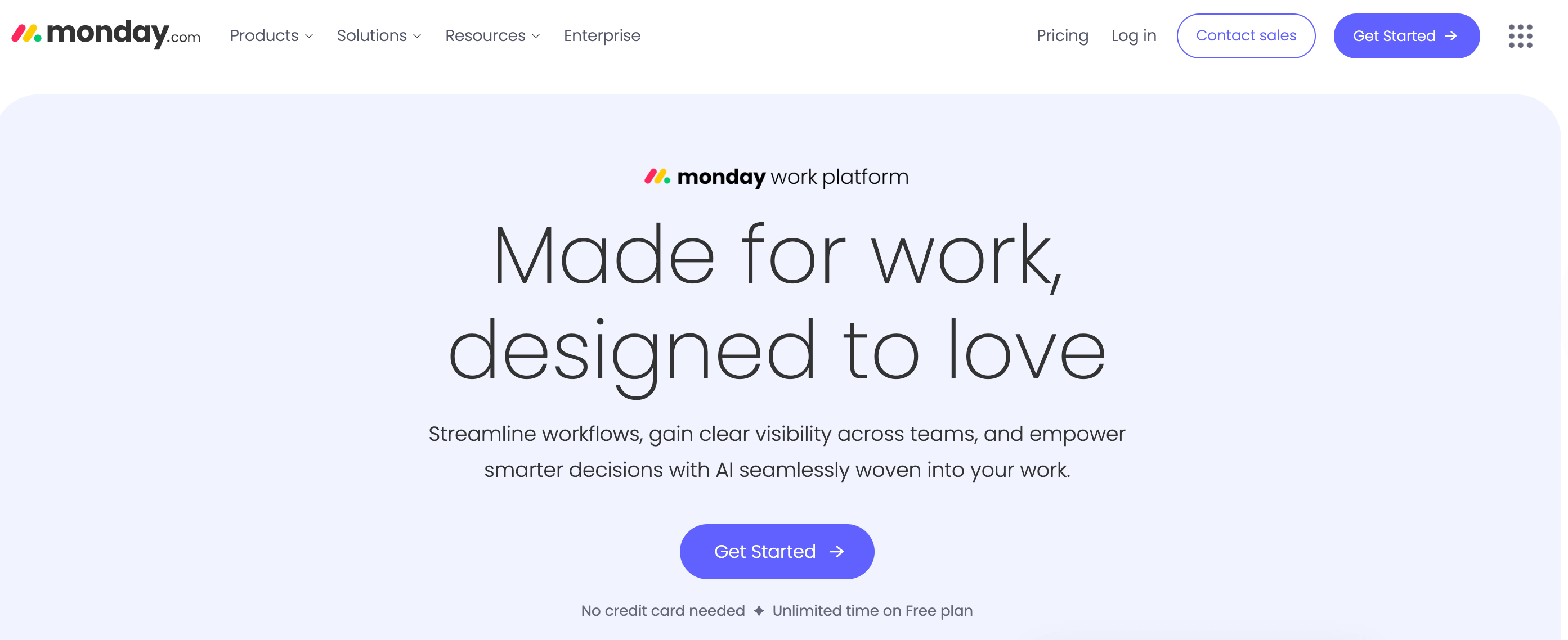 Monday.com homepage highlighting workflow automation, AI features, and cross-team visibility.