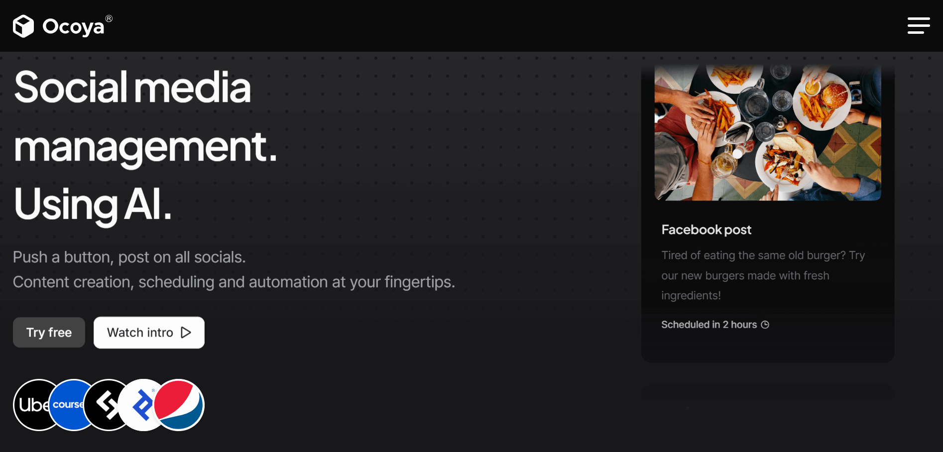 Ocoya homepage with dark theme showing AI-powered social media post scheduling and burger ad preview