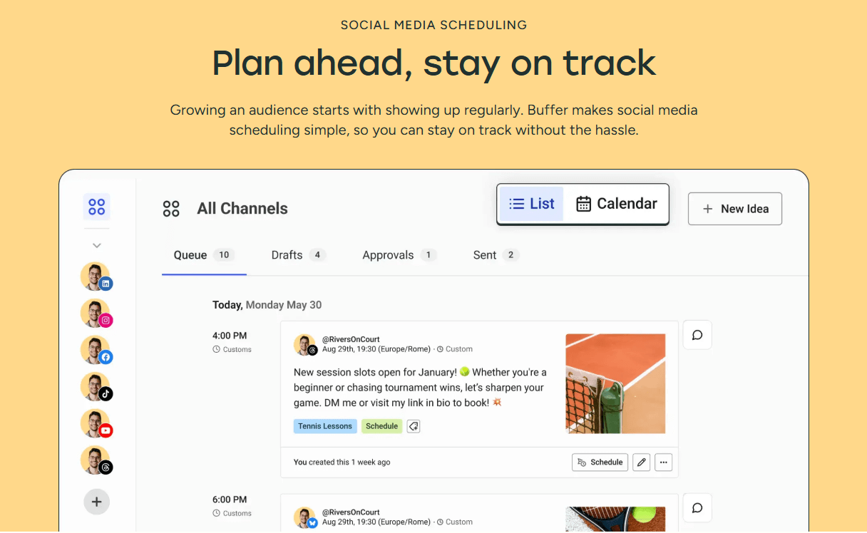 buffer interface with queue, calendar view, and sample tennis-related post preview