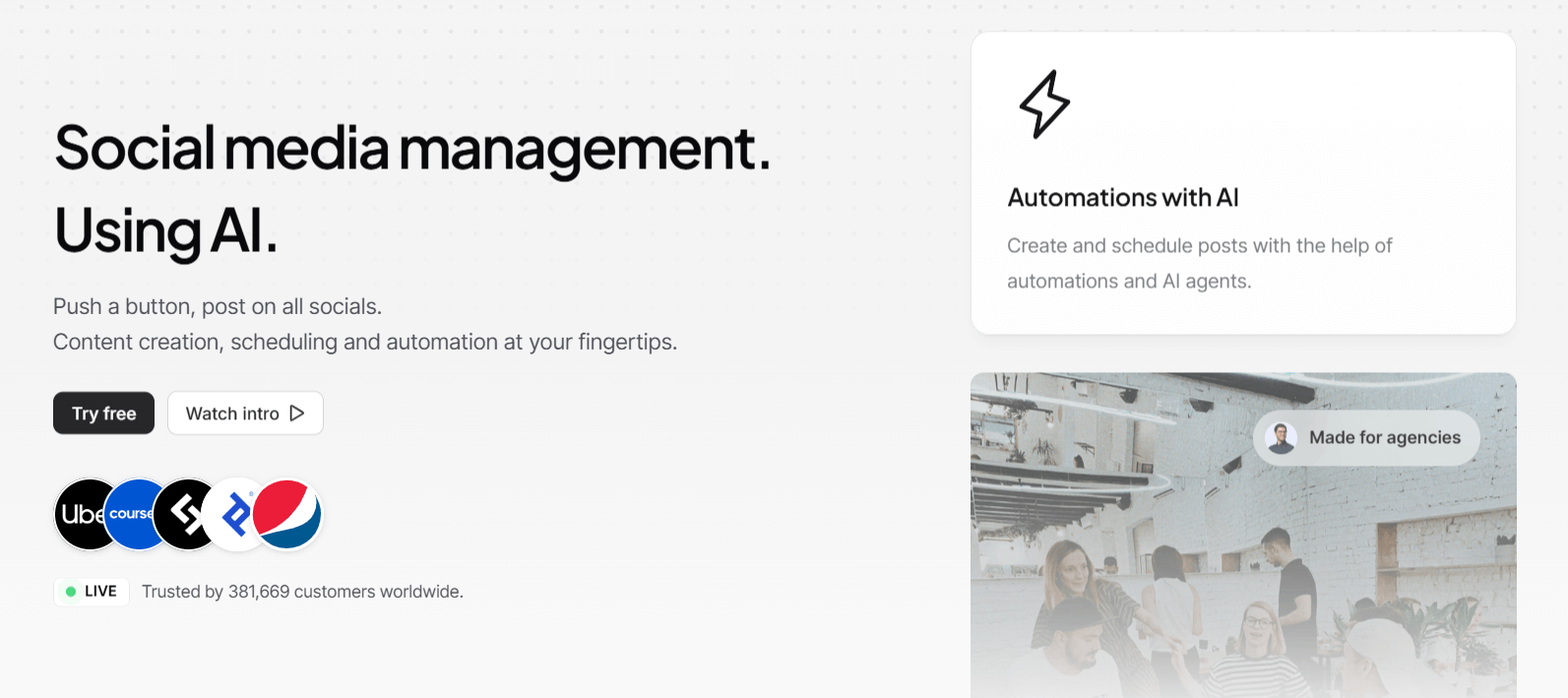 ocoya homepage showing AI-powered automations and brand logos like Uber and Pepsi.
