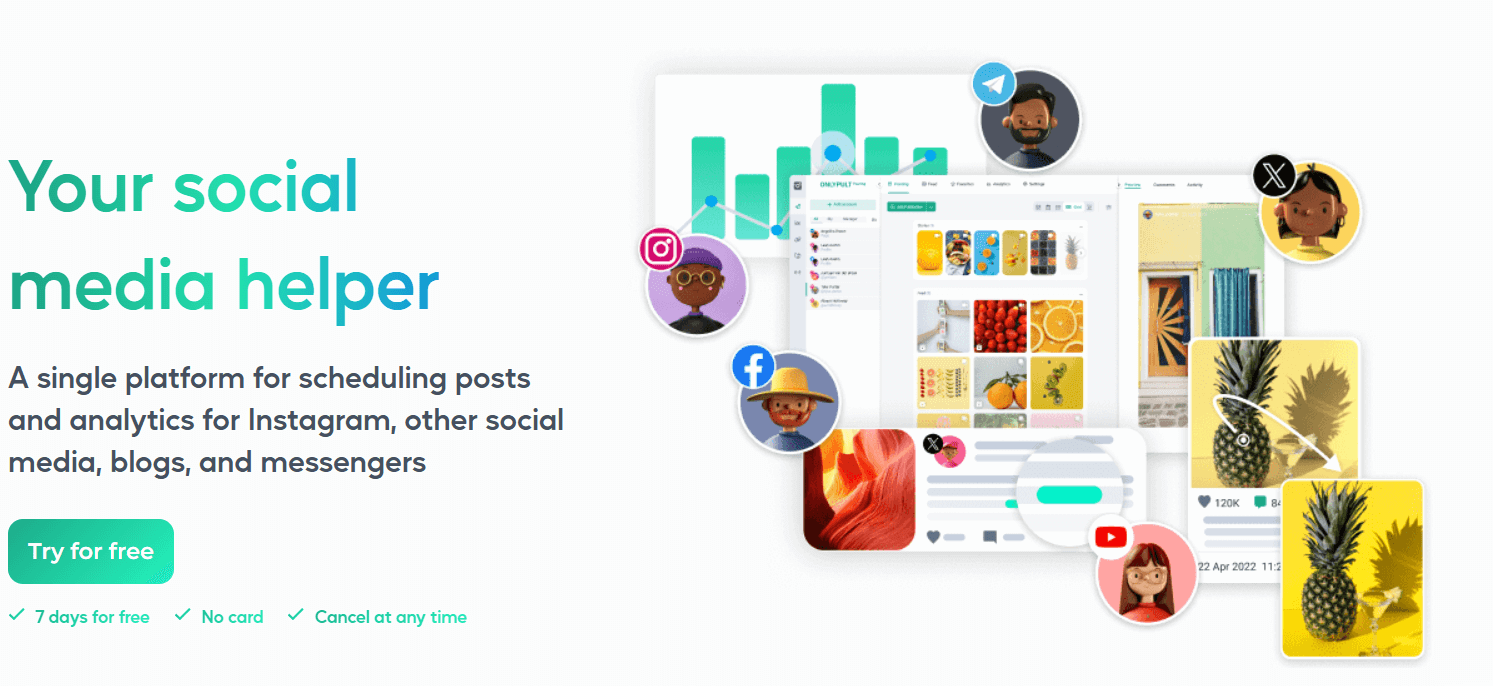onlypult homepage with scheduled posts and cartoon avatars across platforms like Instagram and Facebook.