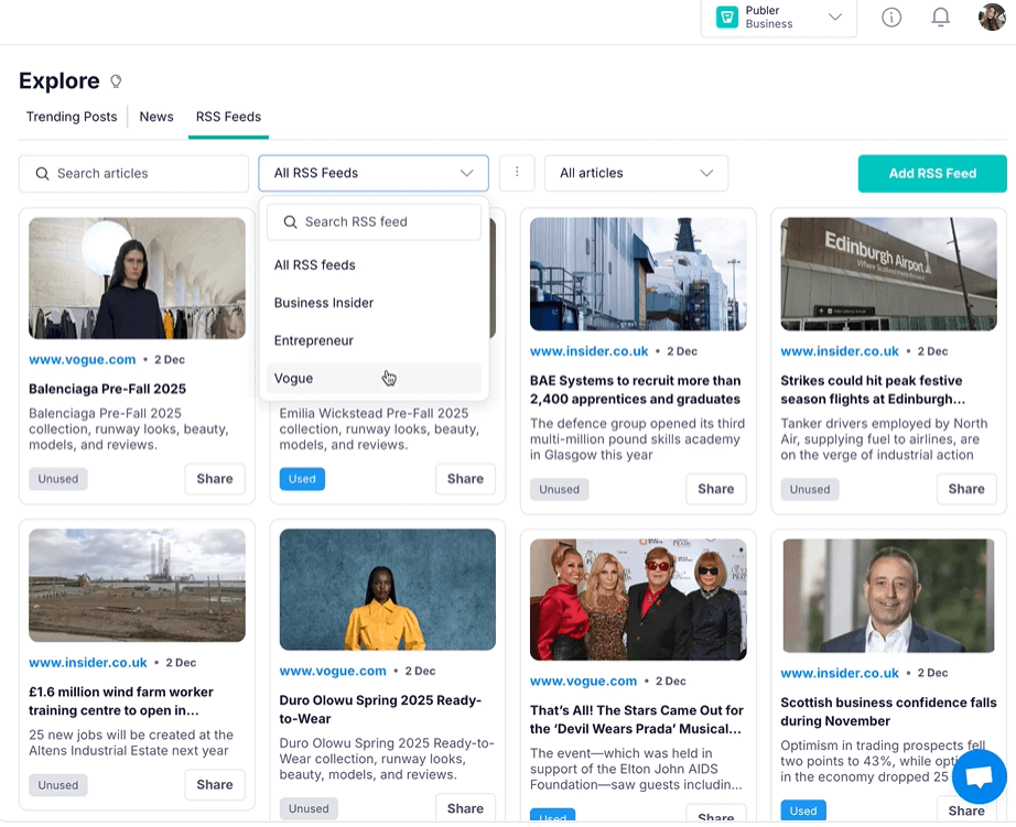 publer RSS feed explorer dashboard with article cards from news sites like Vogue and Insider.