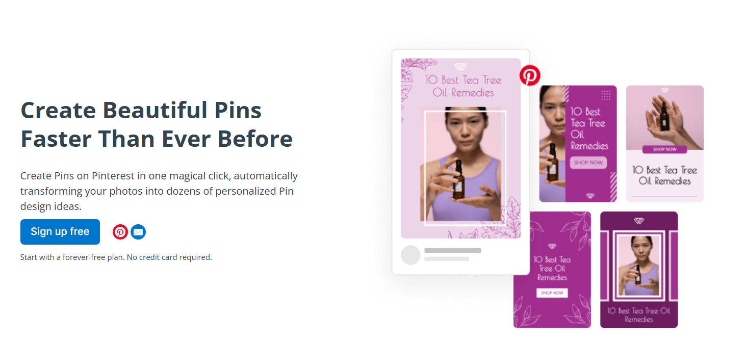 Pinterest pin creator interface with preview cards for tea tree oil remedies in purple and pink tones.