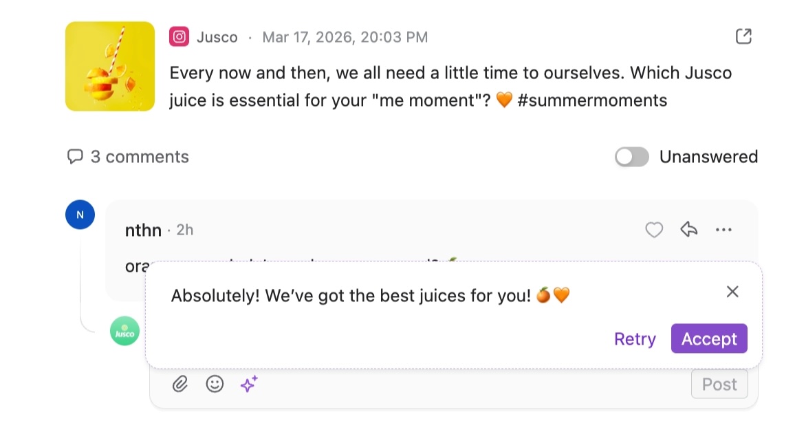 Social media inbox showing AI-generated reply suggestion with accept or retry options for juice brand comments