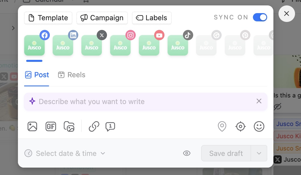 Social media post editor with AI caption generator box and multiple platform icons for scheduling content