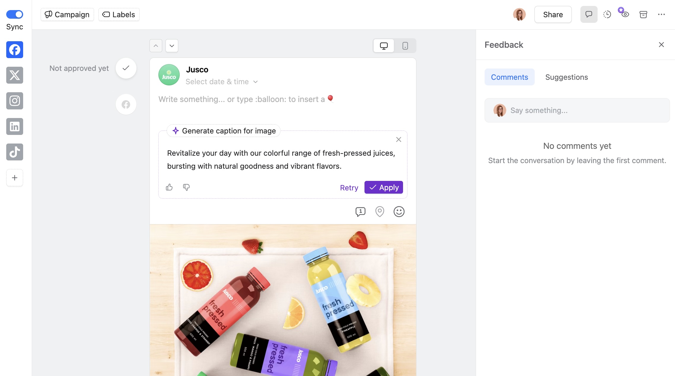 AI generates caption for juice image post with colorful bottled drinks and fruit slices in content planner