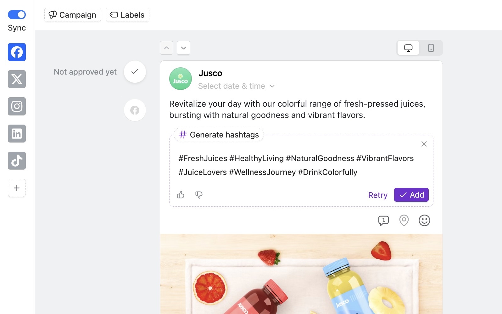 AI hashtag generator suggesting tags like #FreshJuices and #HealthyLiving for juice brand social post