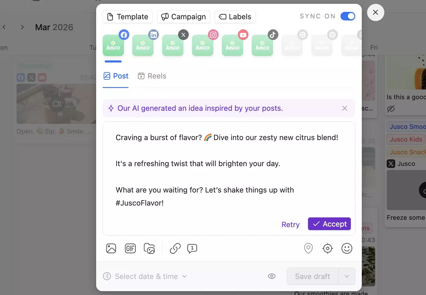 AI-generated post idea popup suggesting citrus juice campaign text inside social media scheduler