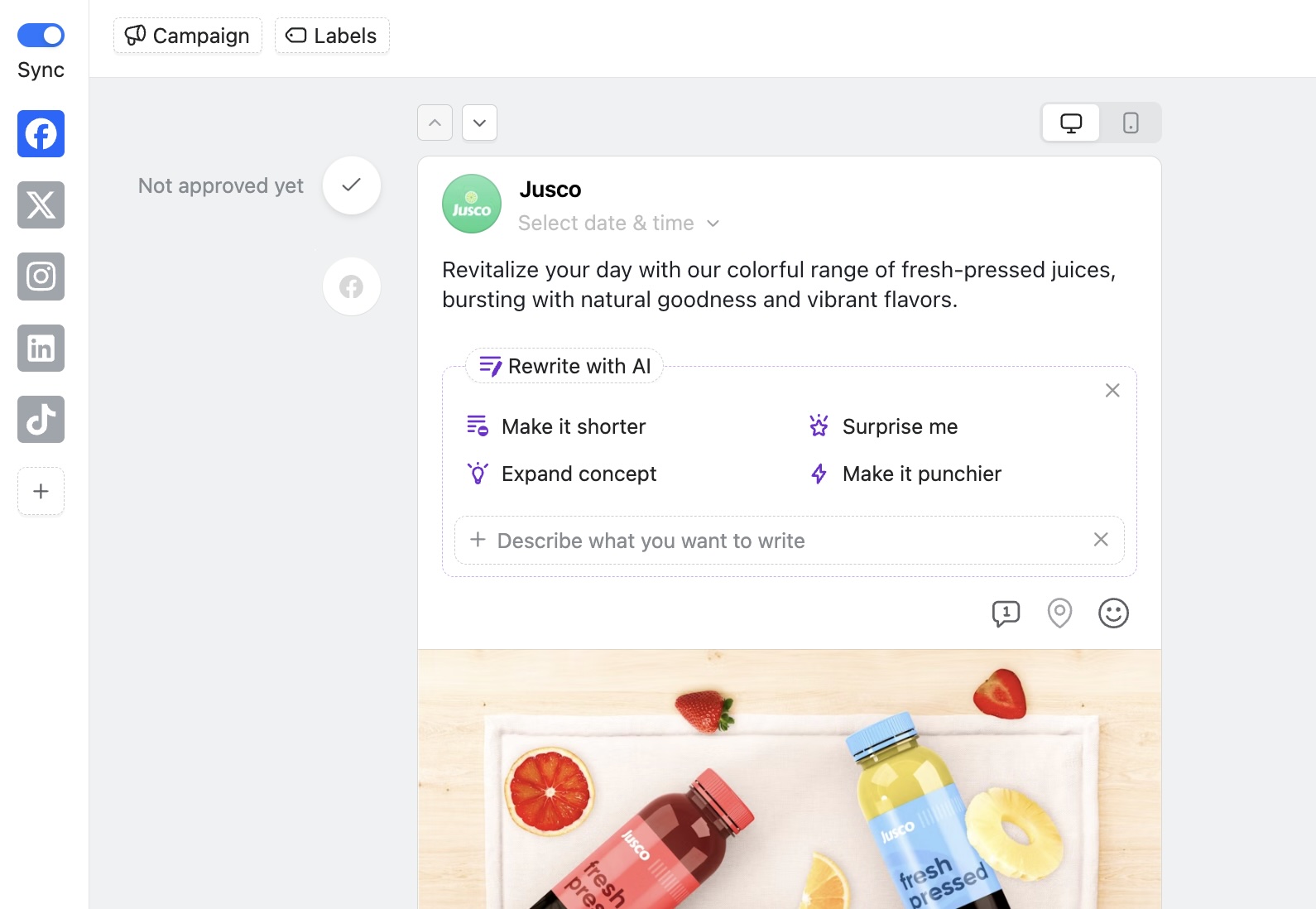 AI rewrite tool panel offering options to shorten, expand, or punch up social media caption for juice post