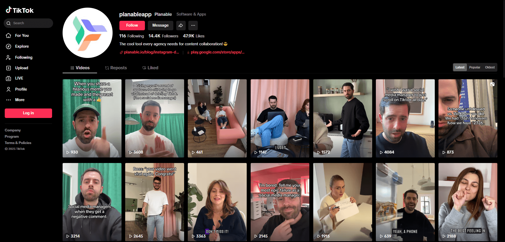 TikTok profile for Planable showing short-form videos on social media management and engagement.