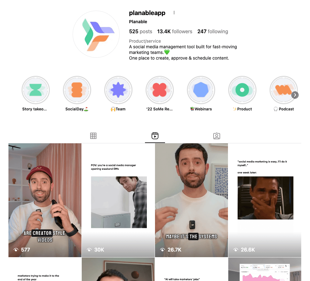 Planable’s Instagram profile page showing video thumbnails with humorous social media marketing content.