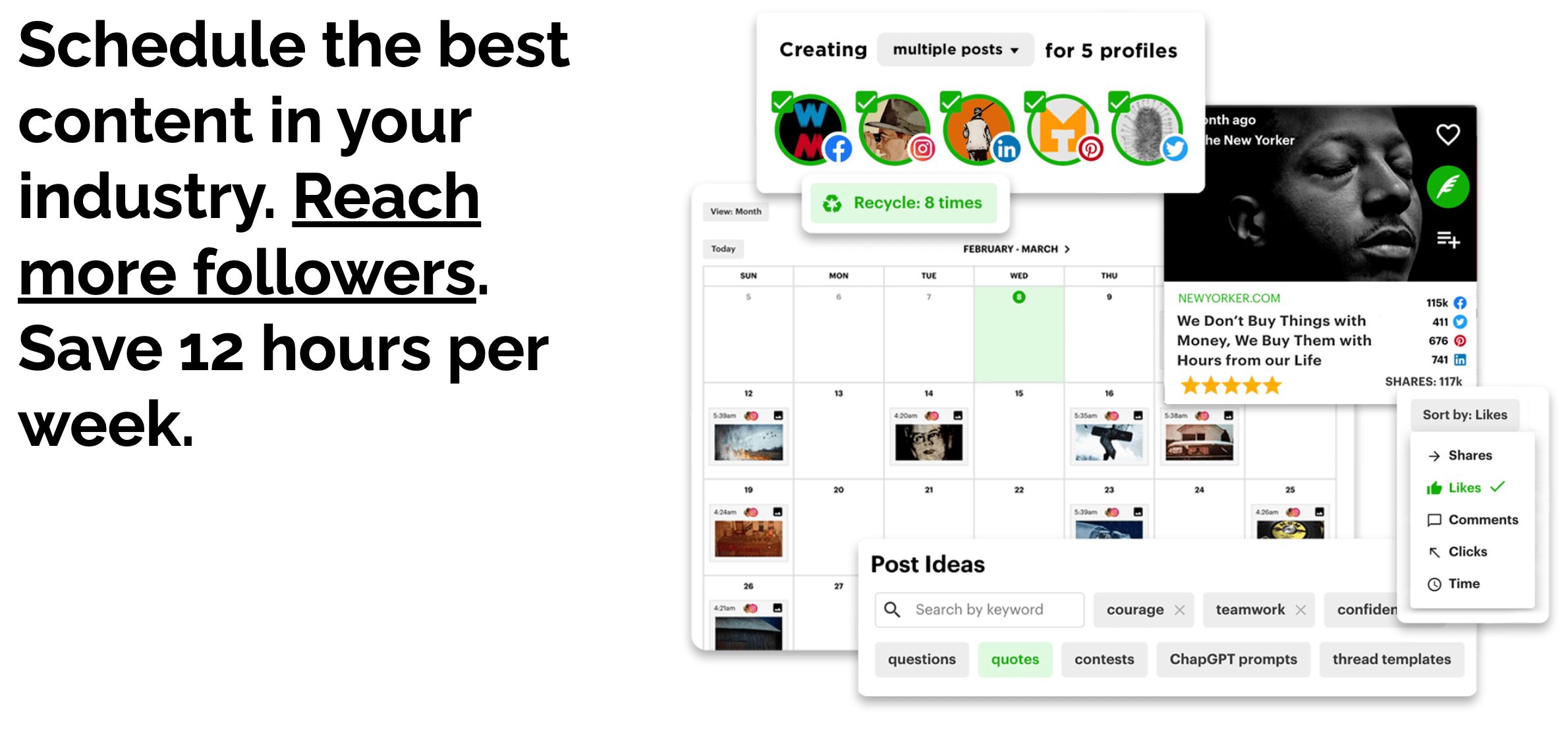 Post Planner dashboard showing scheduled content, publishing calendar, and post ideas.